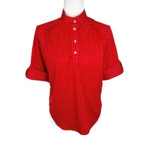 Vintage Lind Clare Blouse Women Large Red White Polka Dot Short Sleeve Henley